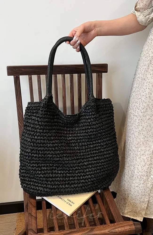 Women Straw Tote Handbag Large Capacity Vintage Shoulder Bag Solid Color Crochet Beach Ladies