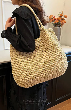 Women Straw Tote Handbag Large Capacity Vintage Shoulder Bag Solid Color Crochet Beach Ladies