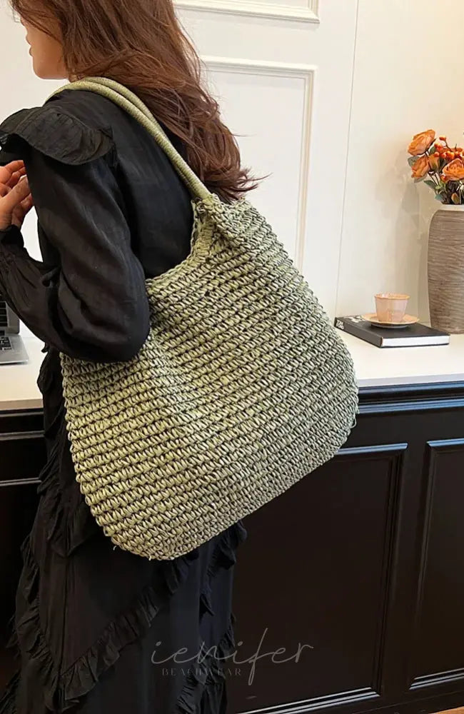 Women Straw Tote Handbag Large Capacity Vintage Shoulder Bag Solid Color Crochet Beach Ladies