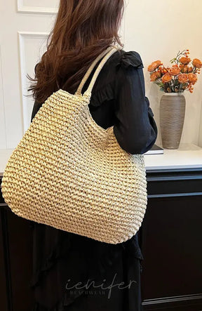 Women Straw Tote Handbag Large Capacity Vintage Shoulder Bag Solid Color Crochet Beach Ladies