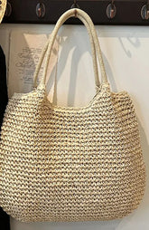 Women Straw Tote Handbag Large Capacity Vintage Shoulder Bag Solid Color Crochet Beach Ladies