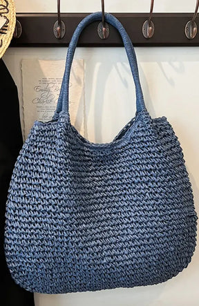 Women Straw Tote Handbag Large Capacity Vintage Shoulder Bag Solid Color Crochet Beach Ladies