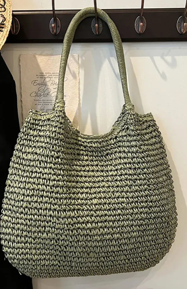 Women Straw Tote Handbag Large Capacity Vintage Shoulder Bag Solid Color Crochet Beach Ladies