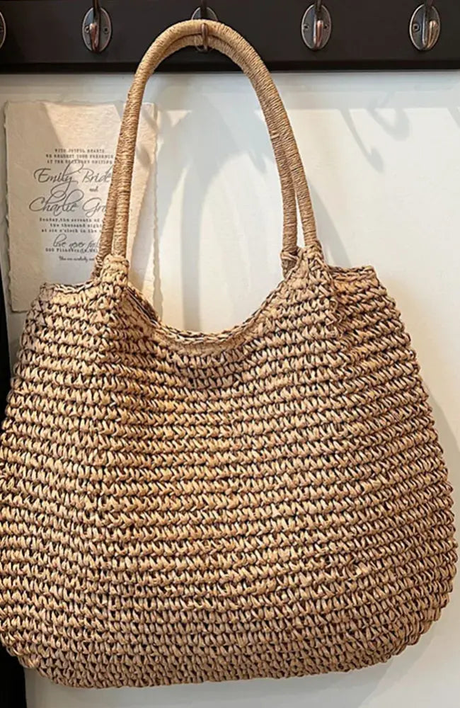 Women Straw Tote Handbag Large Capacity Vintage Shoulder Bag Solid Color Crochet Beach Ladies