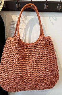 Women Straw Tote Handbag Large Capacity Vintage Shoulder Bag Solid Color Crochet Beach Ladies