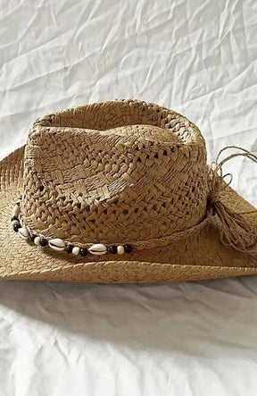 Handmade Women Men Straw Hat Summer Beach Shell Vintage Beads Hollow Out Western Wide Brim Sun