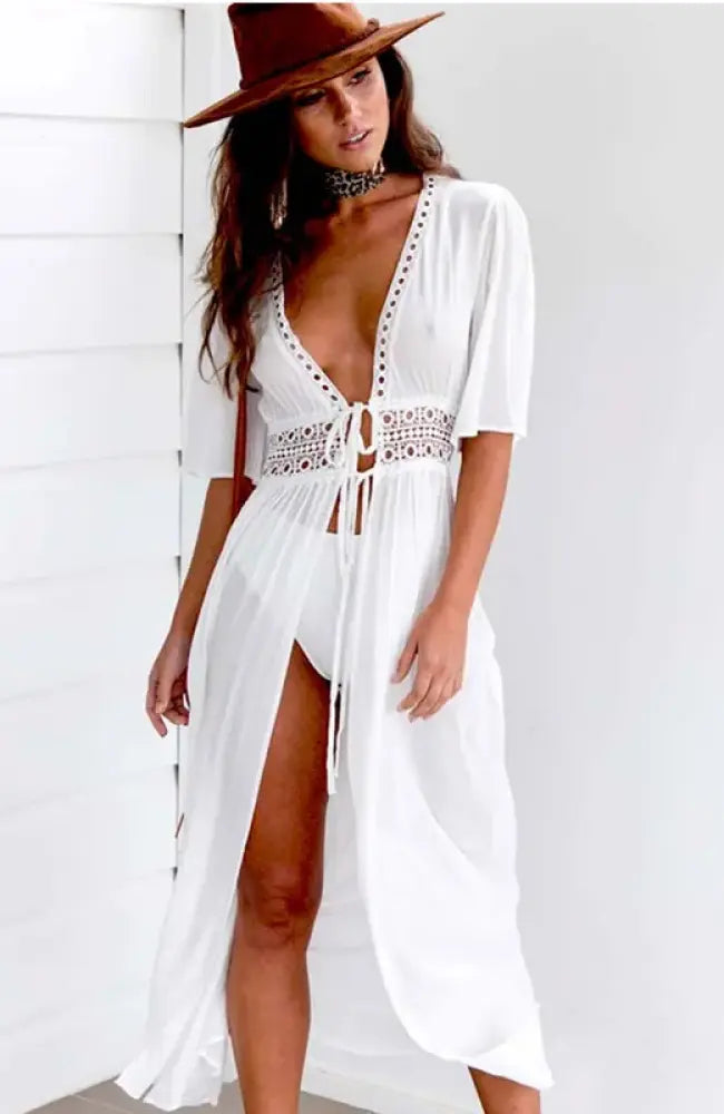 Swimsuits Women Beach Cover Up Short Sleeve V-Neck White Pareo Beachwear Sun Protection Clothes