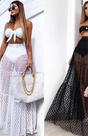 Women Summer Bikini Cover Ups Polka Dot Mesh Sheer High Waist Long Skirt See Through Beach Tulle