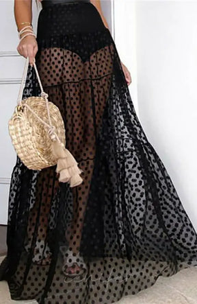 Women Summer Bikini Cover Ups Polka Dot Mesh Sheer High Waist Long Skirt See Through Beach Tulle