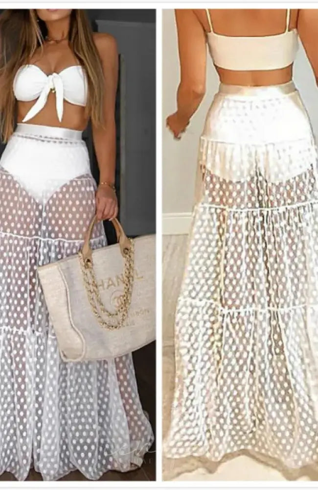 Women Summer Bikini Cover Ups Polka Dot Mesh Sheer High Waist Long Skirt See Through Beach Tulle