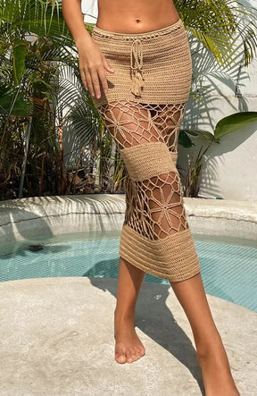 Boho Cotton Handmade Crochet Knitted Long Maxi Skirt Summer High Waist Beach Hollow Out Pencil