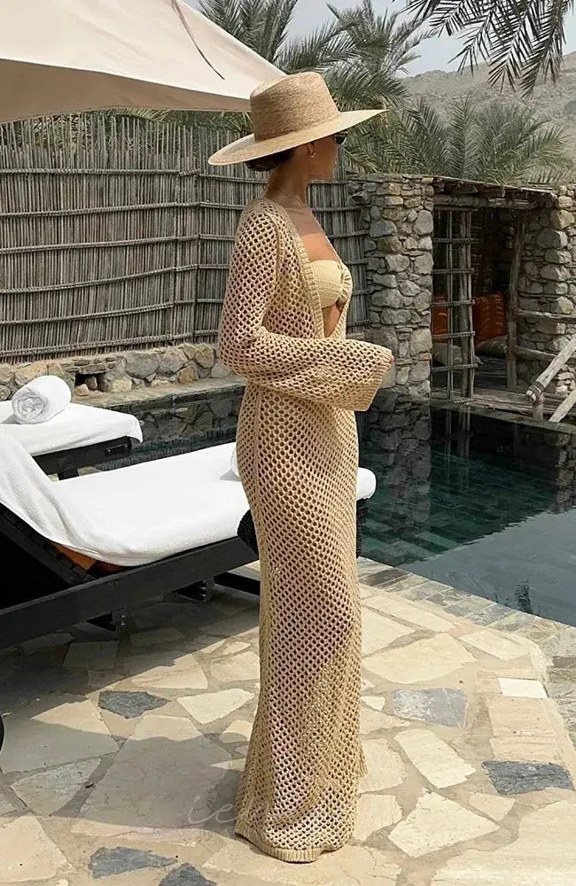 Sexy U Neck Bell Sleeve Knit Maxi Dress Summer 2024 Women Swimwear Feminine Bikinis Cover-Ups