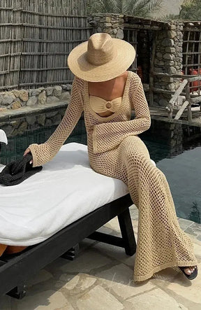 Sexy U Neck Bell Sleeve Knit Maxi Dress Summer 2024 Women Swimwear Feminine Bikinis Cover-Ups