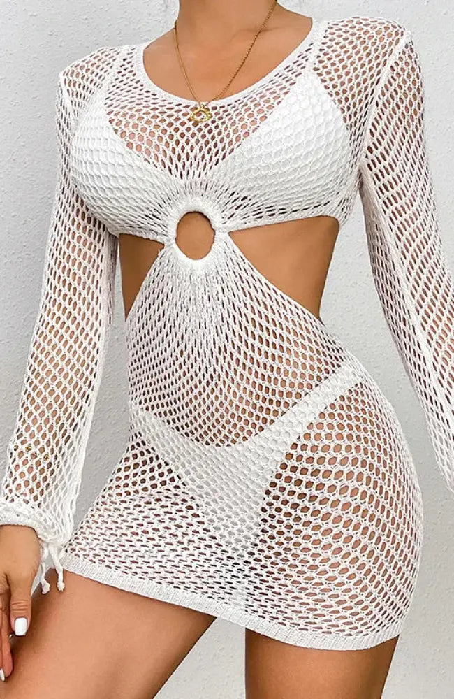 Sexy Backless Tunic Women Knitted Bodycon Dresses Long Sleeve Crochet Bikini Mini Dress Cover Ups