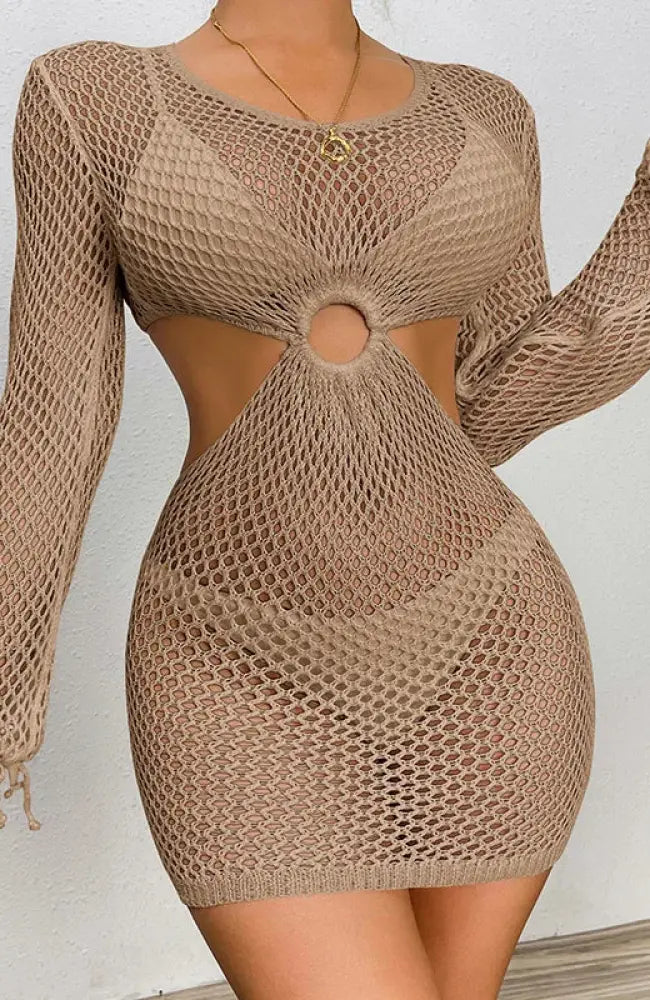 Sexy Backless Tunic Women Knitted Bodycon Dresses Long Sleeve Crochet Bikini Mini Dress Cover Ups