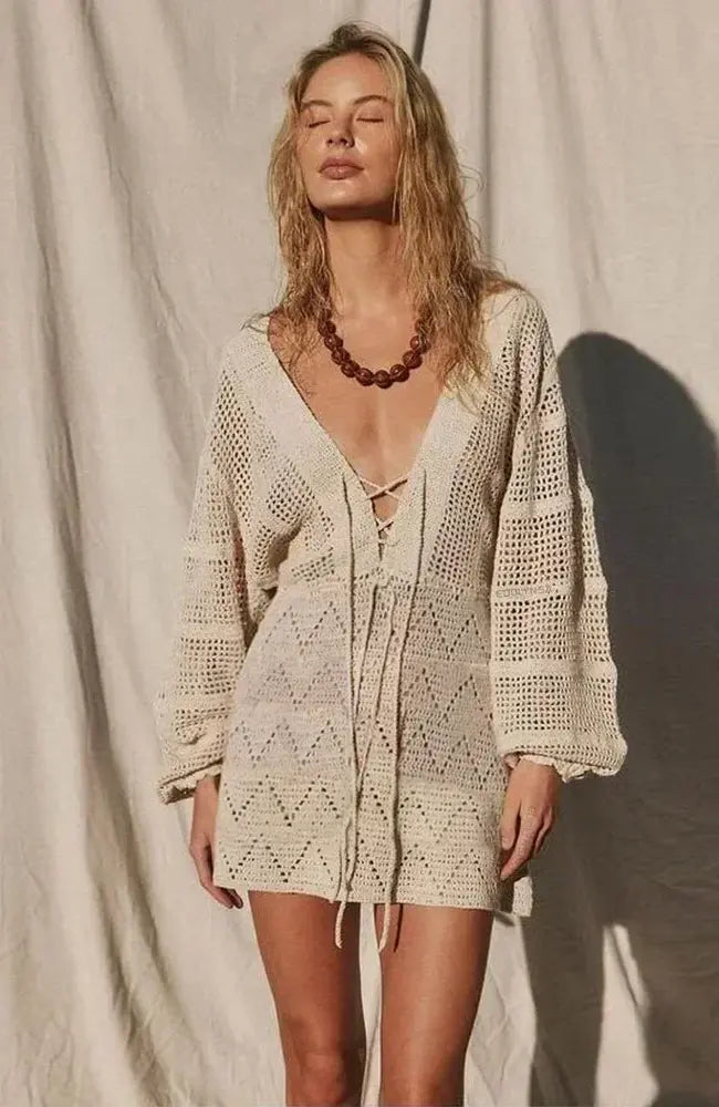 Sexy Deep V-Neck Lace-Up Bell Sleeve Knit Mesh Hollow Out Beach Mini Dress 2024 Summer Swimsuit