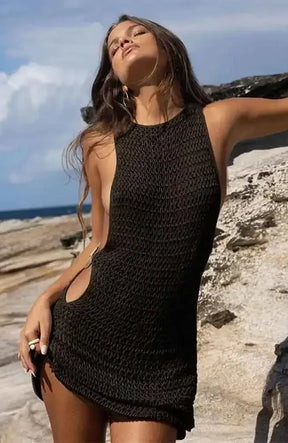 2024 Summer Sexy Slim Beach Mini Dress Women One Neck Cut Out Circle Decoration Tunic Seaside