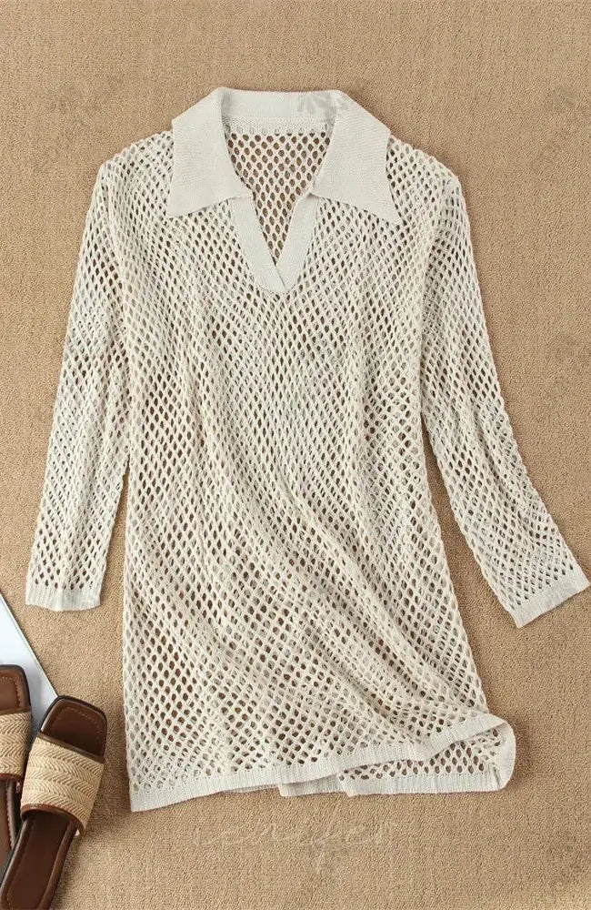 Solid Colour Beach Knit Mini Dress Women’s Summer Sexy Hollow Out Long Sleeve Swimsuit Cover Up