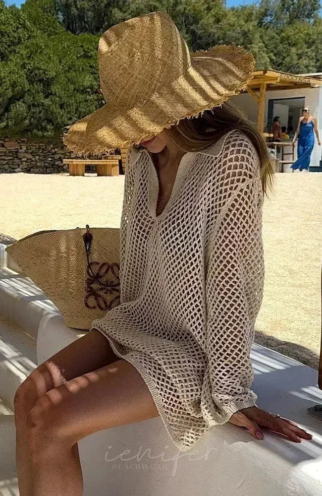 Solid Colour Beach Knit Mini Dress Women’s Summer Sexy Hollow Out Long Sleeve Swimsuit Cover Up