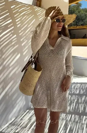 Solid Colour Beach Knit Mini Dress Women’s Summer Sexy Hollow Out Long Sleeve Swimsuit Cover Up