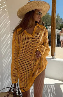 Solid Colour Beach Knit Mini Dress Women’s Summer Sexy Hollow Out Long Sleeve Swimsuit Cover Up