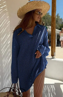 Solid Colour Beach Knit Mini Dress Women’s Summer Sexy Hollow Out Long Sleeve Swimsuit Cover Up