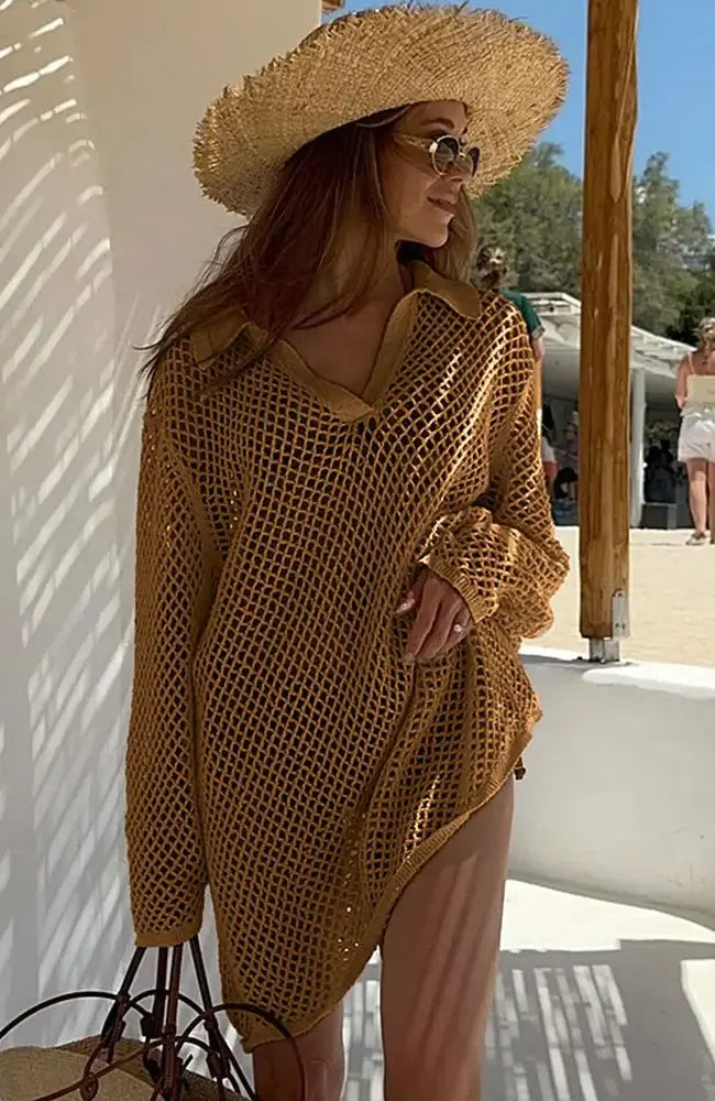 Solid Colour Beach Knit Mini Dress Women’s Summer Sexy Hollow Out Long Sleeve Swimsuit Cover Up