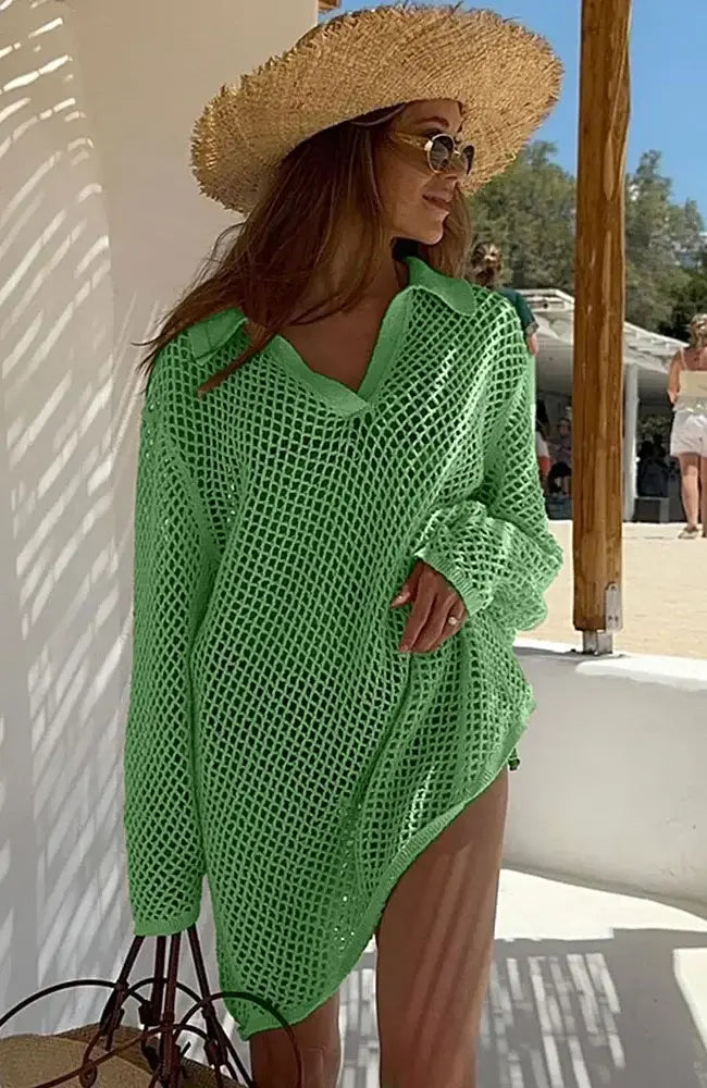 Solid Colour Beach Knit Mini Dress Women’s Summer Sexy Hollow Out Long Sleeve Swimsuit Cover Up